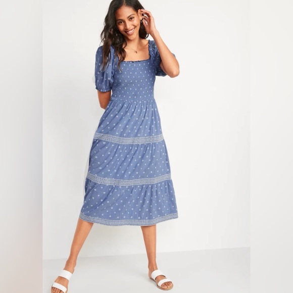 Old Navy Dresses & Skirts - Old Navy Puff-Sleeve Printed Embroidered Smocked Fit & Flare Midi Dress Large